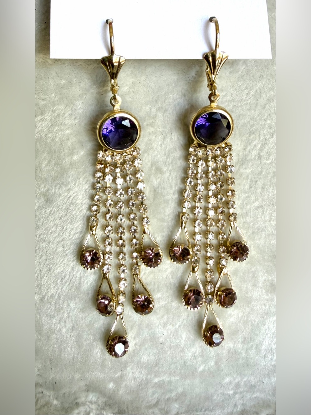✨Gold-Tone Purple & Champagne Crystal Cascade Earrings ✨